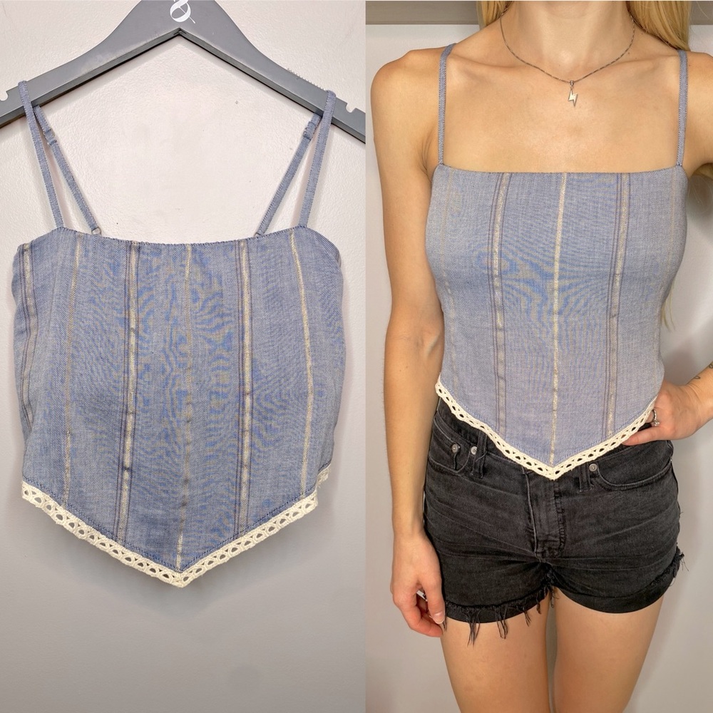NWOT Surf Gypsy Blue Striped Corset Crop Top with Lace Trim Size Small